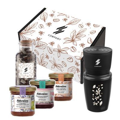 Подарочный набор "Пробуждение": кофеварка, кофе, варенье 2 шт., крем-карамель