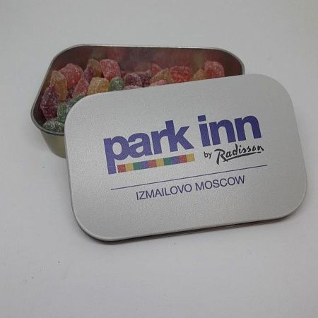 Баночка с конфетами драже с брендированием,Slide-Tin