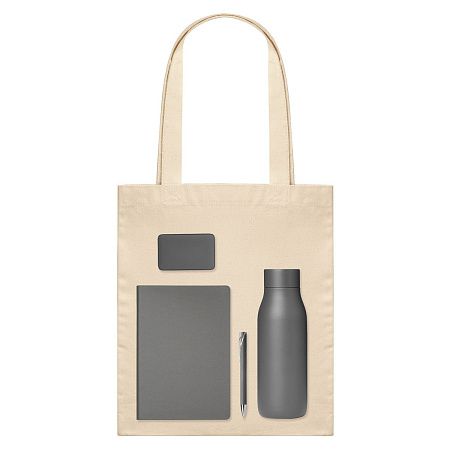 Подарочный набор Велком Пак (Welcome Pack), серый (термобутылка, ежедневник, ручка, ЗУ, шоппер)