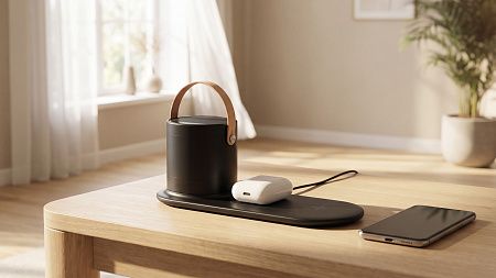 Настольная беспроводная (15W) зарядная станция "Blacksmith" с bluetooth колонкой с подсветкой логотипа