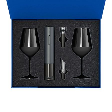 Подарочный набор 2 бокала для вина Black Edition + набор для вина Sacramento в синей коробке