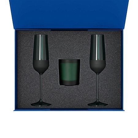 Подарочный набор свеча Enigma + 2 бокала для шампанского Emerald в синей коробке