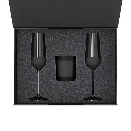 Подарочный набор свеча Enigma + 2 бокала для шампанского Black Edition в черной коробке