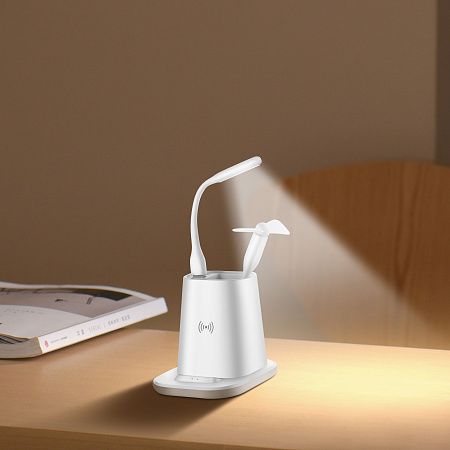 Настольный органайзер  15 Watt Fast Charge   c беспроводной зарядкой, вентилятором и лампой, белый
