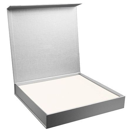 Подарочная коробка, размер 29,7*28,0*4,5 см, Solution Prestige Magnum Linen с магнитным клапаном под индивидуальную вырубку, серебристая, с бежевым ложементом