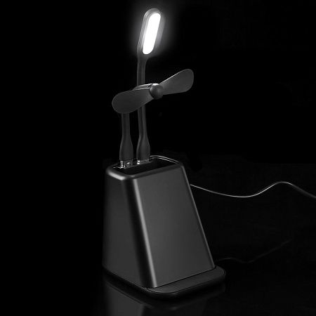 Настольный органайзер с зарядкой, лампой, вентилятором и подсветкой логотипа powerTower, черный