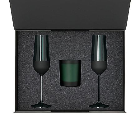 Подарочный набор свеча Enigma + 2 бокала для шампанского Emerald в черной коробке