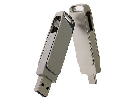 USB 2.0- флешка на 16 Гб с поворотным механизмом и дополнительным разъемом Type-C