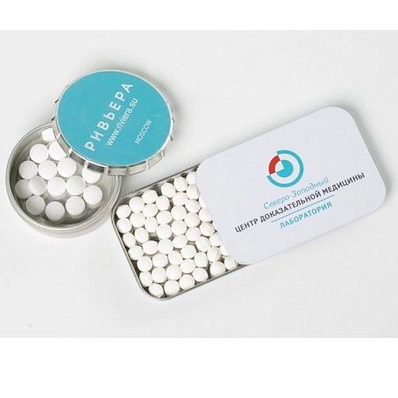 Баночка с конфетами драже с брендированием,Slide-Tin