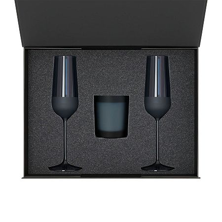 Подарочный набор свеча Enigma + 2 бокала для шампанского Sapphire в черной коробке